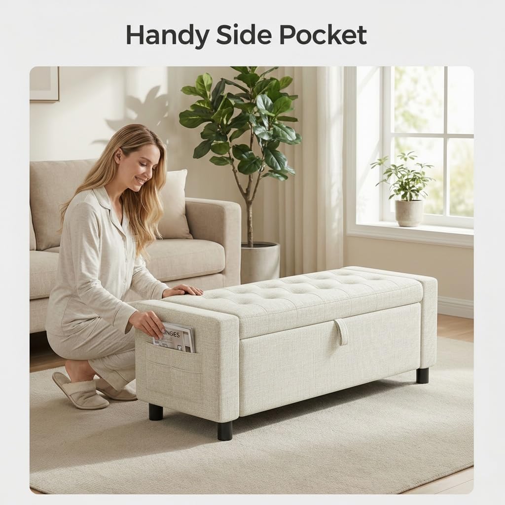 Amada 46" Storage Ottoman Bench with Safety Hinge, Hidden Compartment & Side Pocket - Upholstered End of Bed/Entryway Bench for Bedroom & Living Room, 400 lbs Weight Capacity, Beige
