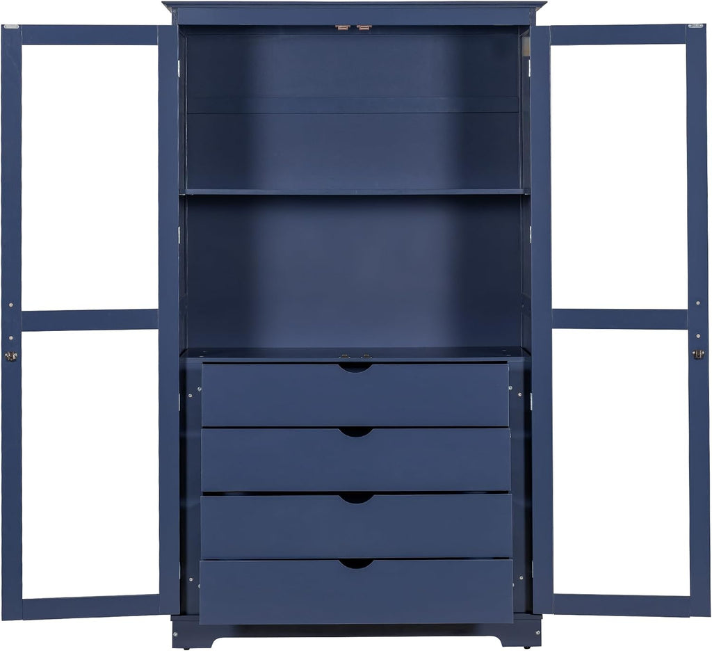 75" Tall Kitchen Pantry Cabinet, Freestanding Food Storage Cupboard, Modern Display Cabinet with Glass Doors and 4 Built-in Drawers, Storage Furniture for Kitchen, Living Room,Blue