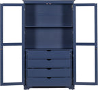 75" Tall Kitchen Pantry Cabinet, Freestanding Food Storage Cupboard, Modern Display Cabinet with Glass Doors and 4 Built-in Drawers, Storage Furniture for Kitchen, Living Room,Blue