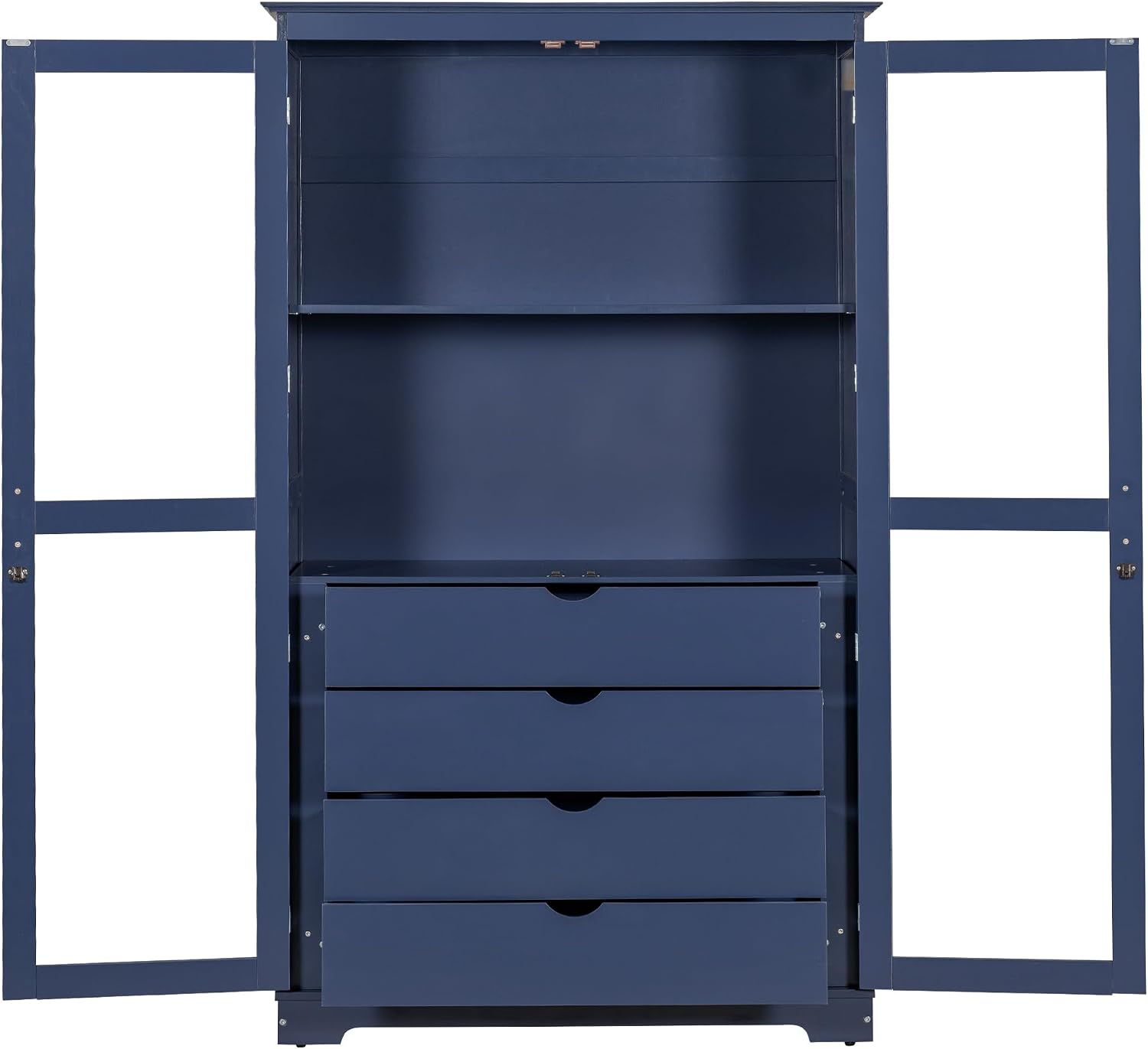 75" Tall Kitchen Pantry Cabinet, Freestanding Food Storage Cupboard, Modern Display Cabinet with Glass Doors and 4 Built-in Drawers, Storage Furniture for Kitchen, Living Room,Blue