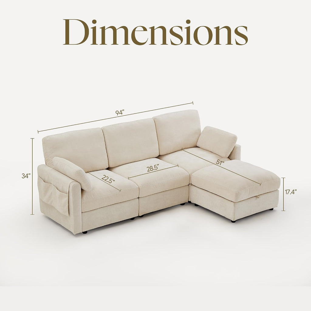 Modular Sectional Couch Chenille Fabric Upholstery Washable Sofa with Side Pocket No Tool Assembly Cloud Seating Comfort Couches for Livingroom Apartment - Beige 3 Seater with Ottoman 94"