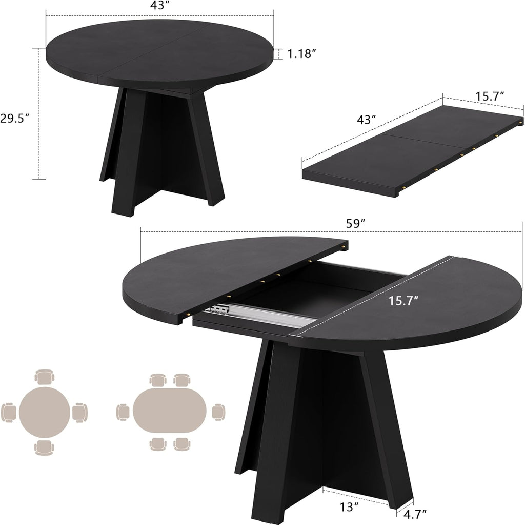 Einhomn 43"-59" Extendable Dining Room Table for 4-8 People, Oval Dining Table with Removable Leaves Space Saving, Round Expandable Kitchen Table for Dining Room Kitchen Living Room, Black