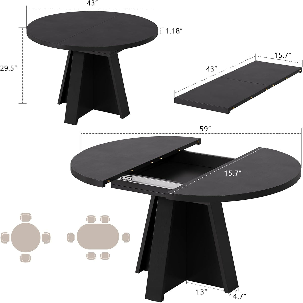 Einhomn 43"-59" Extendable Dining Room Table for 4-8 People, Oval Dining Table with Removable Leaves Space Saving, Round Expandable Kitchen Table for Dining Room Kitchen Living Room, Black