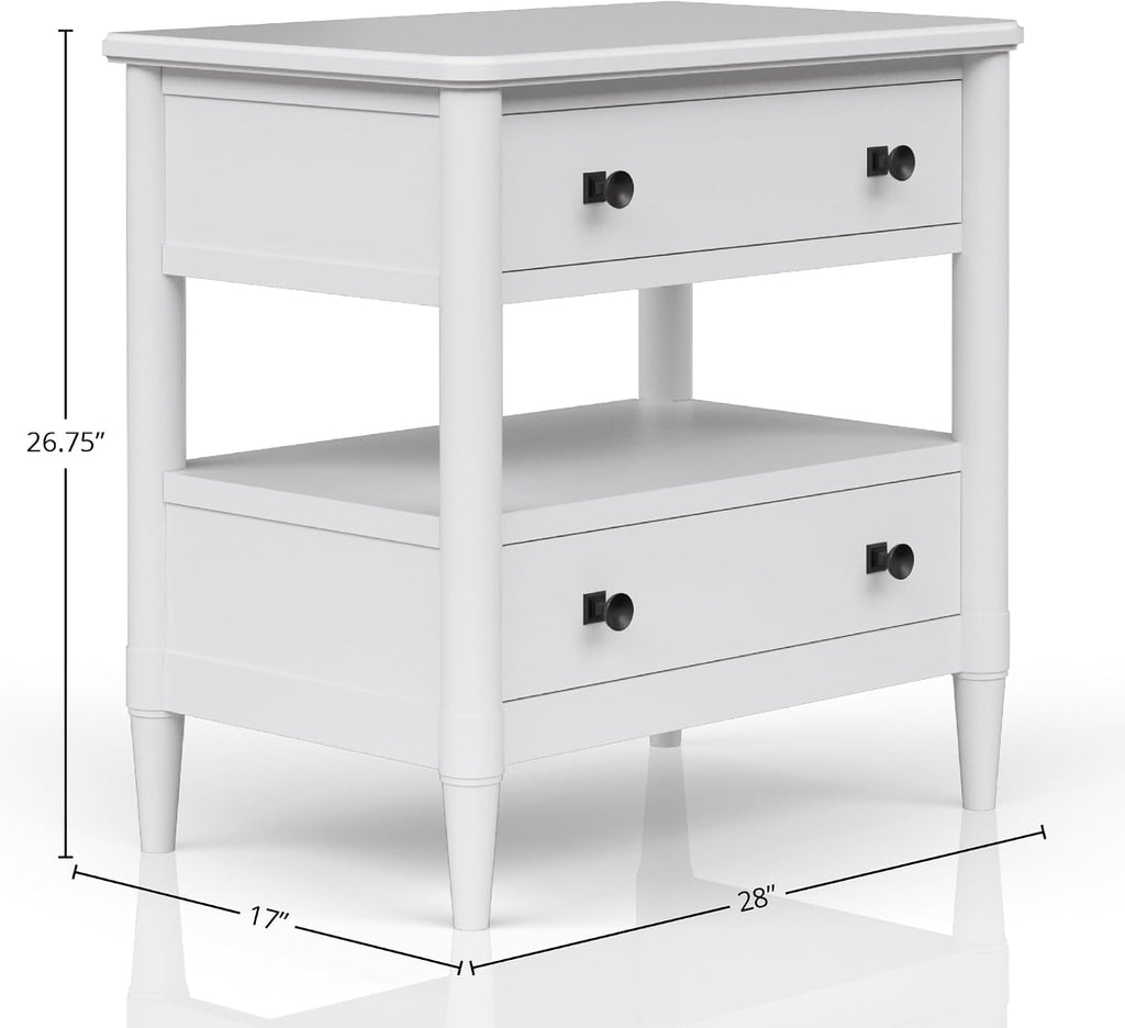 Open Nightstand White Finish with 2 Drawers,for Small Spaces