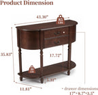 LKTART 43.3" Solid Wood Vintage Curved Console Table, Half Moon Sofa Table Entryway Table with 2 Drawers and Open Shelves Rubber Wood Legs for Living Room Hallway Entryway, Walnut
