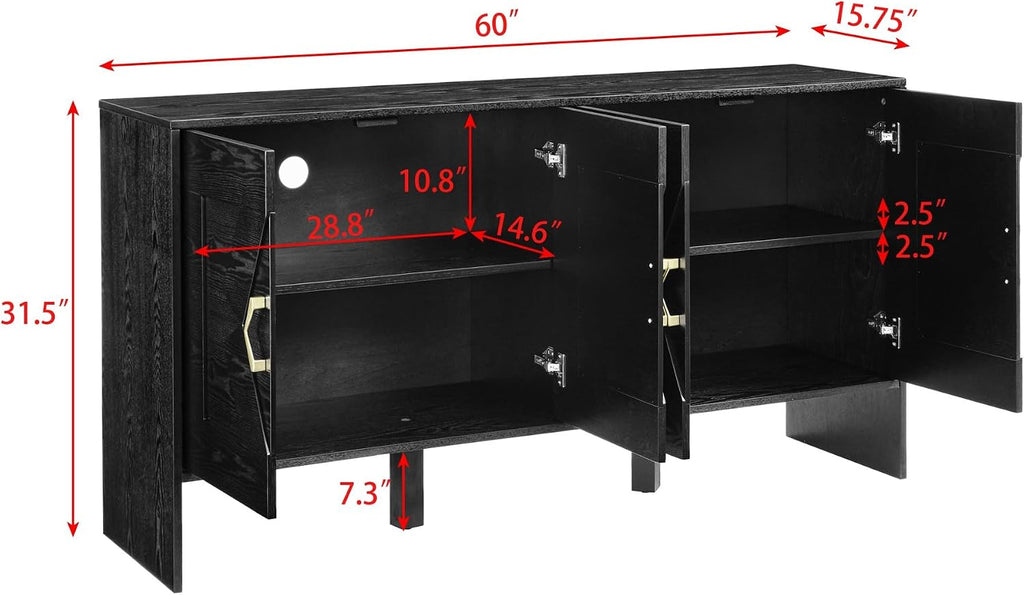 Mid Century Modern Sideboard Buffet Cabinet and TV Media Console 60 Inch with Geometric Pattern Adjustable Shelves Solid Wood Construction for Living Room Dining Room Kitchen (Black)