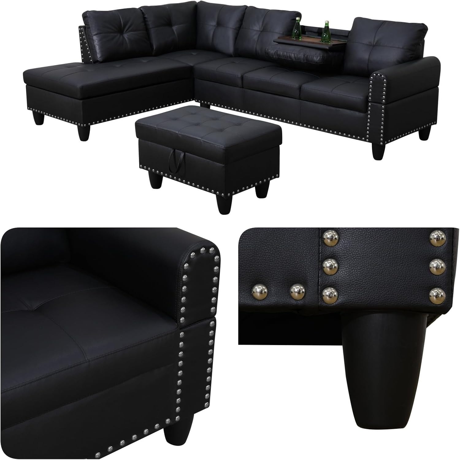 Leather L-Shaped Couch Set, 97.5"L x 69.5"W Sectional Sofas Black | Synthetic PU Leather, Stain-Resistant, 4 Seat Modular Couches with Storage Ottoman& Chaise,Apartment/Office/Living Room