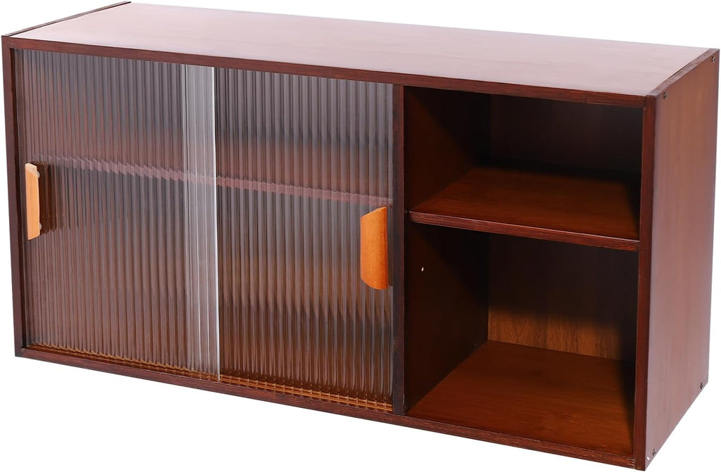 Xuthusman 2 Tier Small Kitchen Pantry Cabinet,31.5in Wall Sideboard with Glass Doors Bamboo Cupboard Food Pantry Cabinet Adjustable Shelves Countertop Storage for Kitchen Dining Room (Walnut)