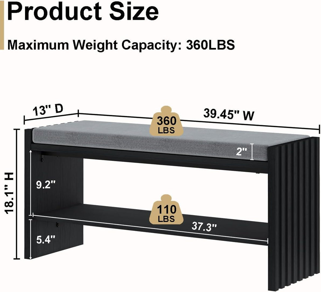 BON AUGURE 40" Entryway Shoe Bench with Storage & Cushion, Modern Fluted Shoe Rack for Mudroom, Sturdy Wooden Hallway Bench with 360 lbs Capacity, Black Oak