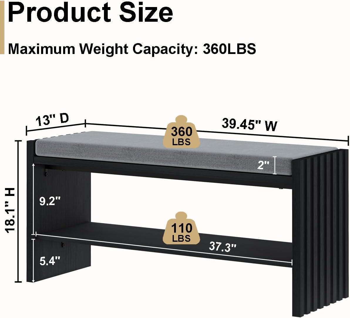 BON AUGURE 40" Entryway Shoe Bench with Storage & Cushion, Modern Fluted Shoe Rack for Mudroom, Sturdy Wooden Hallway Bench with 360 lbs Capacity, Black Oak