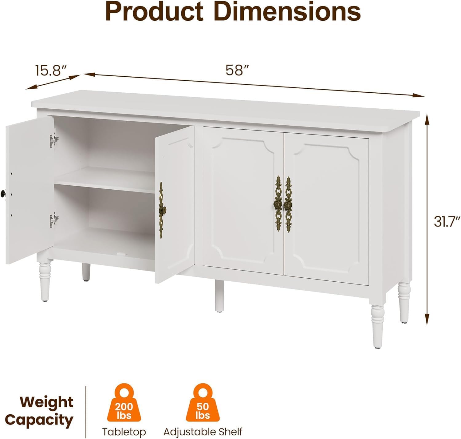 FansaFurn 58'' Large Sideboard Buffet Cabinet with 4 Doors, Modern Credenza Buffet Table for Coffee Bar, Storage Cabinet for Dining Room Living Room, White