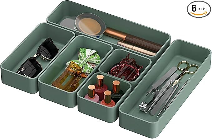 CHANCETSUI 6 PCS Stackable Drawer Organizers Set, Versatile Desk and Vanity Drawer Organizer Trays, Storage Bins for Makeup, Bathroom, Bedroom, Kitchen and Office, Green