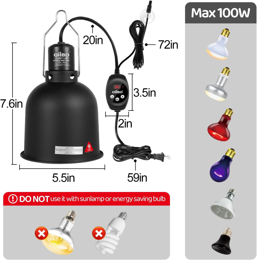 Oiibo Reptile Light Fixture with Dimming Thermostat, 5.5 Inch Deep Dome Lamp Fixture, PID Temperature Controller for Reptile Heat Lamp Bulb, Max 100W