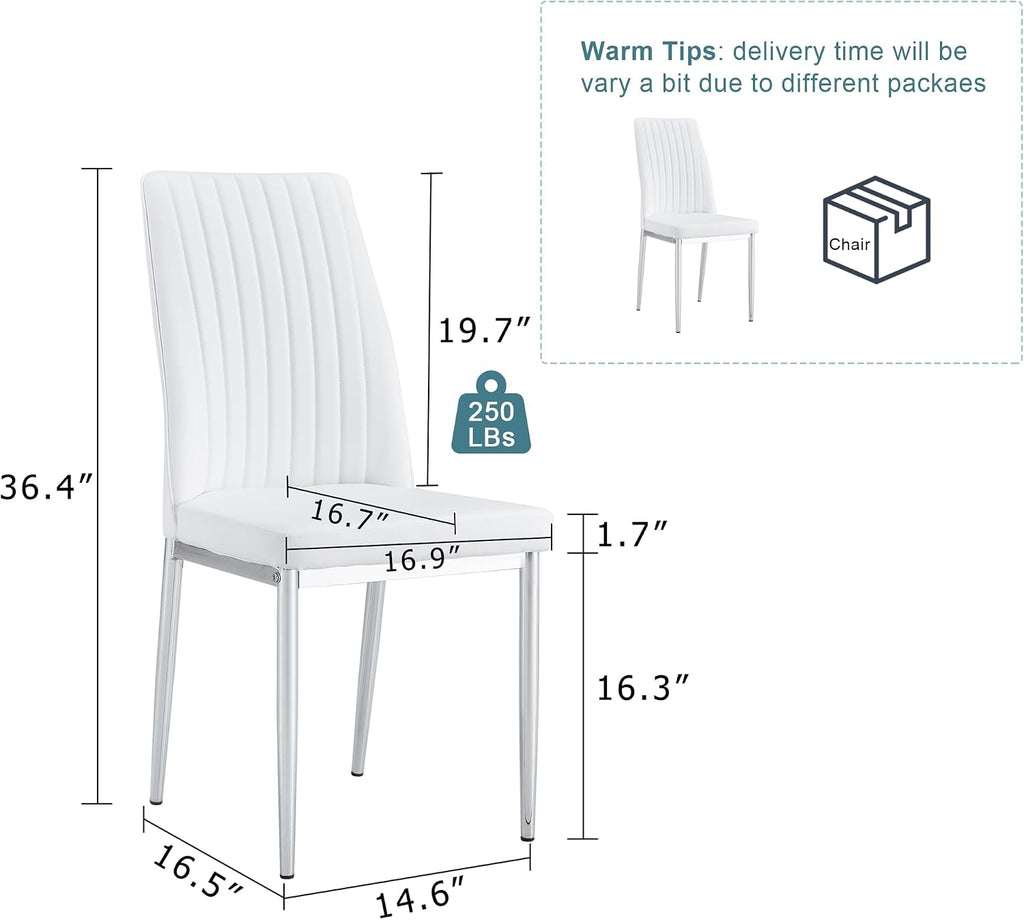 Upholstered Dining Chairs Set of 4, Mid-Century Modern Leather Dining Room Chair with Metal Legs & Padded Seat, Stylish Elegant Living Room Accent Chair (White-Silver, Set of 4)