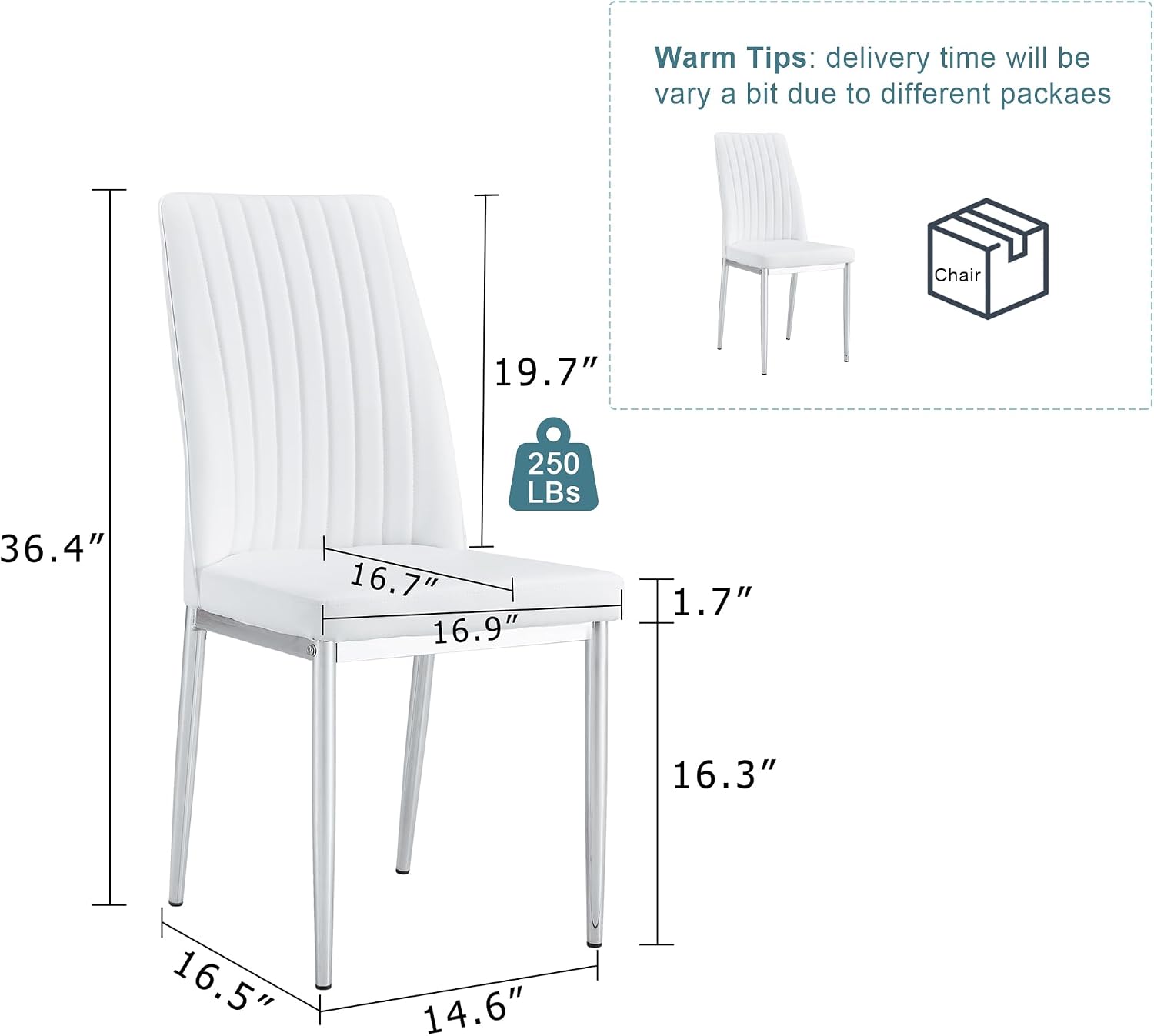 Upholstered Dining Chairs Set of 4, Mid-Century Modern Leather Dining Room Chair with Metal Legs & Padded Seat, Stylish Elegant Living Room Accent Chair (White-Silver, Set of 4)