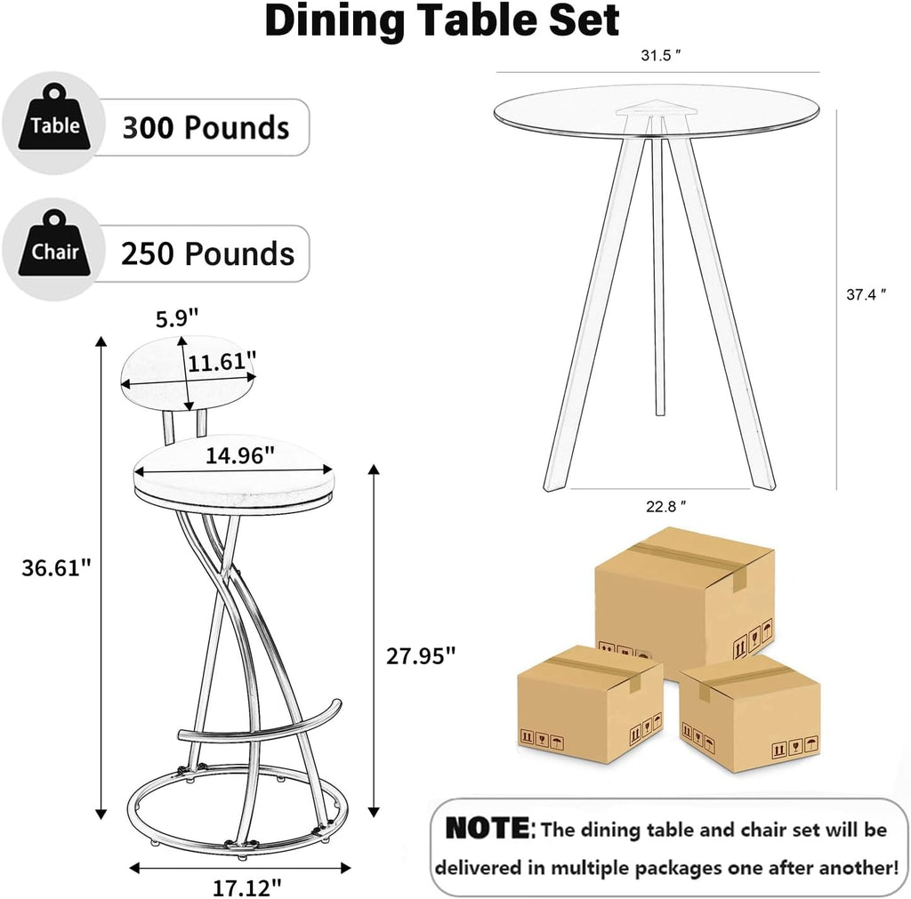 3 Piece Pub Dining Set, Modern Round Bar Table and Chairs for 2, 28" Counter Height Barstools and Glass Kitchen Table Set, 31" Small Dining Table with 2 Velvet Stools