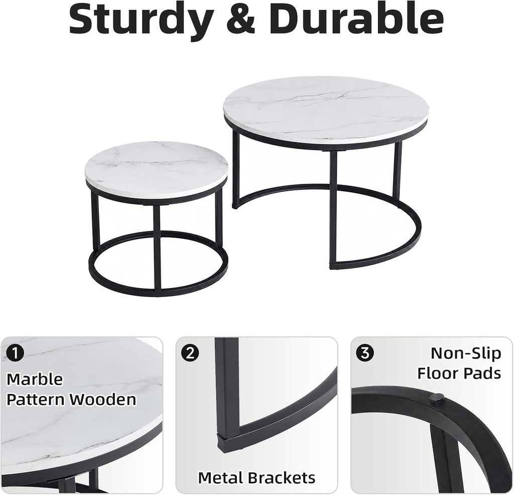 Nesting Coffee Table White Marble Pattern Wooden with Black Frame | 31.49" Round Coffee Tables for Living Room, Waiting Room, Apartment, Office, Balcony, Set of 2