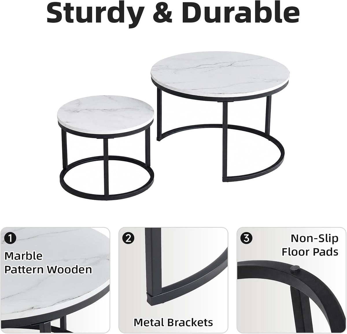 Nesting Coffee Table White Marble Pattern Wooden with Black Frame | 31.49" Round Coffee Tables for Living Room, Waiting Room, Apartment, Office, Balcony, Set of 2