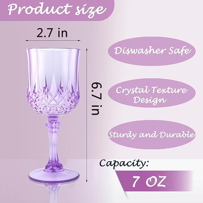 Plastic Wine Glasses，Plastic Goblets Vintage Style Cordial Drinking Glasses for Wedding Reception, Grand Event Party Supplies (12, Purple)