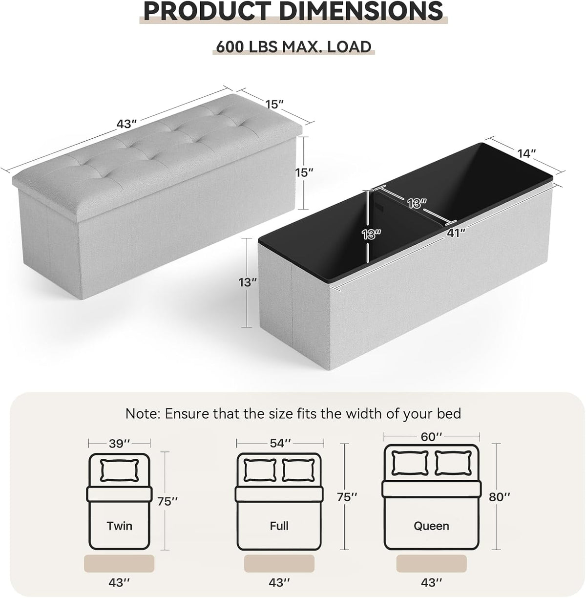 Storage Ottoman Bench, 43 Inch Ottoman Foot Rest, End of Bed Bench, Storage Chest for Living Room, Bedroom, Entryway, Light Gray