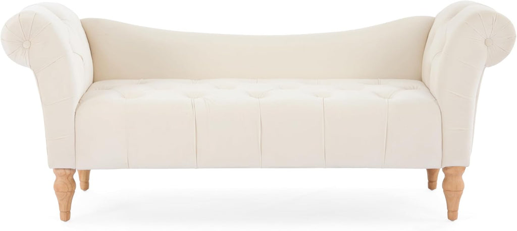 Christopher Knight Home Ucal Velvet Upholstered End of Bed Ottoman, Wooden Living Room Ottoman Bench with Curved Arms, Long Entryway Bench with Button Tufting, Long Seating for Bedroom, Beige