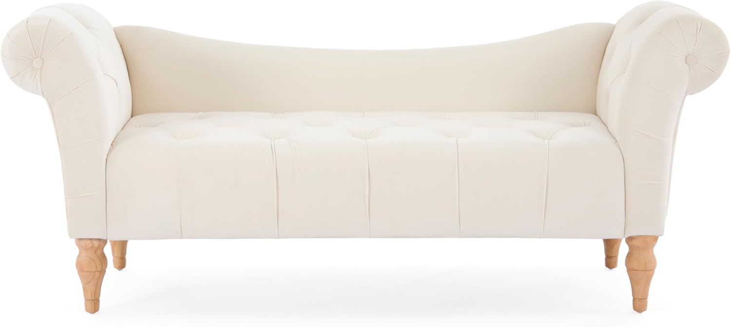 Christopher Knight Home Ucal Velvet Upholstered End of Bed Ottoman, Wooden Living Room Ottoman Bench with Curved Arms, Long Entryway Bench with Button Tufting, Long Seating for Bedroom, Beige