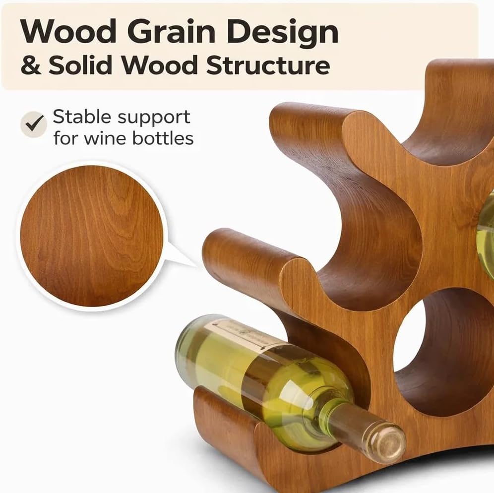 Wooden Wine Rack – Countertop & Freestanding Display – Holds 6 Bottles, Wall-Mountable, Elegant Curved Wine Storage (Brown)