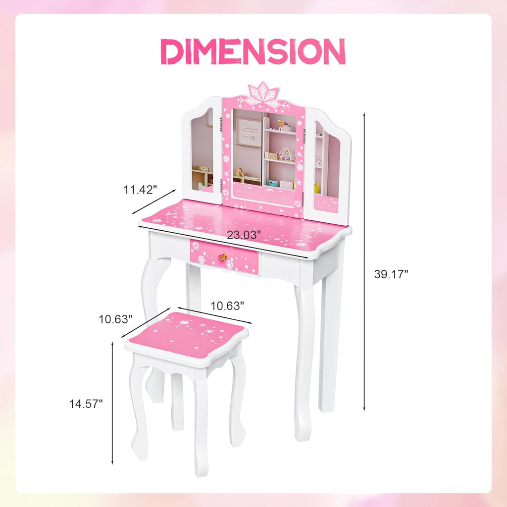 JOYMOR Kids Vanity Set, Wooden Princess Makeup Table with Stool, Tri-Folding Mirror, Large Drawer, Solid Wooden Legs, Beauty Make Up Dressing Set for Girls Best Gift (Pink)