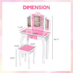 JOYMOR Kids Vanity Set, Wooden Princess Makeup Table with Stool, Tri-Folding Mirror, Large Drawer, Solid Wooden Legs, Beauty Make Up Dressing Set for Girls Best Gift (Pink)