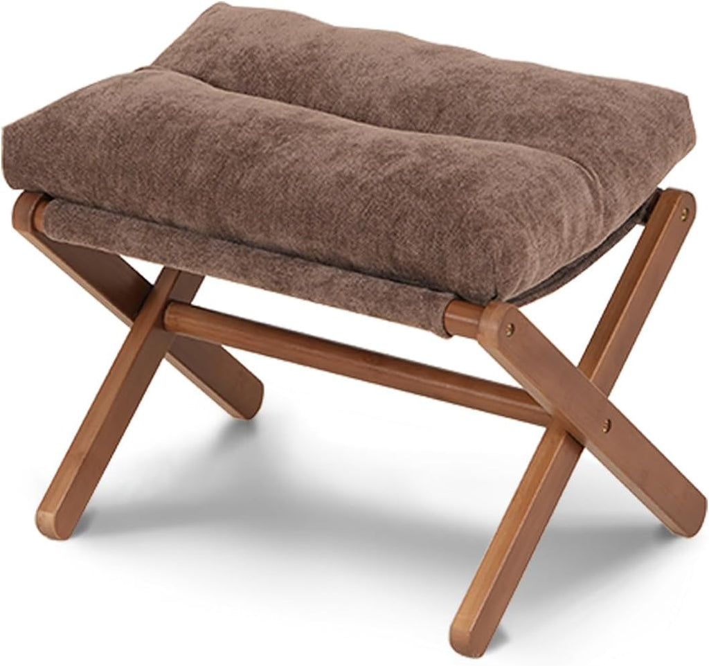 Baveke Ottoman Foot Rest- Bamboo Foldable Stool, Foot Stools Small Ottman with Upholstered & X Legs, Folding Stool for Makeup, Bedroom and Living Room, FSC-Certified (Small Brown)