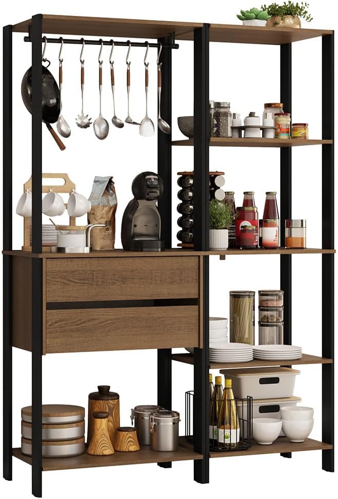 Madesa Kitchen Pantry Storage Rack with 2 Drawers, 7 Shelves and Hanging Space 51" L Multiuse Modular Cabinet for Kitchen Organization - Black/Brown