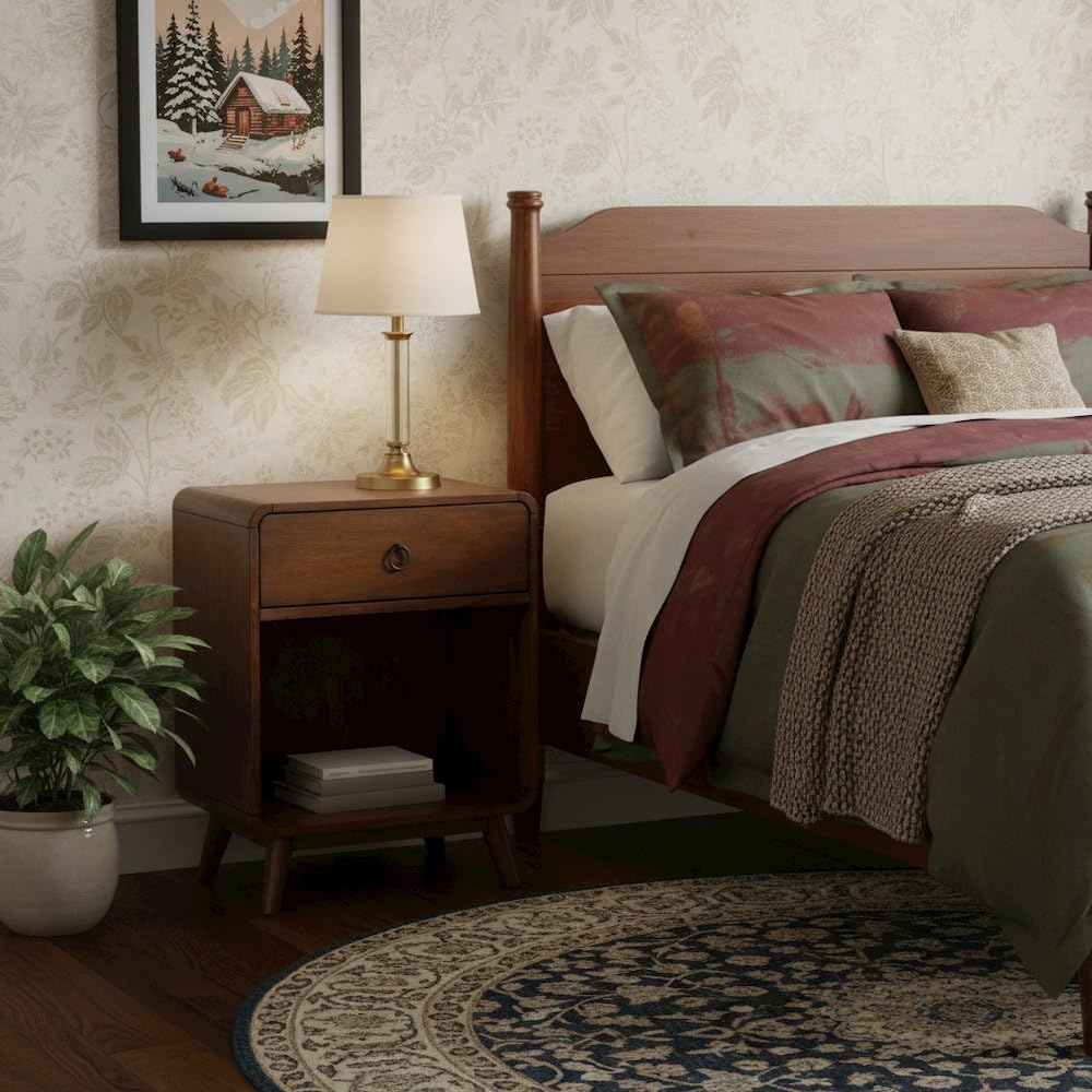 Starlight Canyon Home Brown Wooden Nightstand with Drawer - 1 Drawer Side Table for Bedroom with Lower Shelf Storage for Living Room or Bedside Use