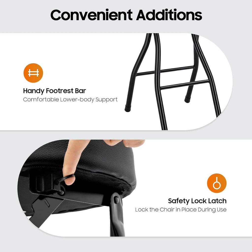 2 PCS Folding Stool Tall Foldable Stool with Cushioned Padded & Back 38.5 inch Folding Bar Stools Metal Portable Chair Stools for Outdoor Indoor Kitchen Shop Cafe Camping (Black)