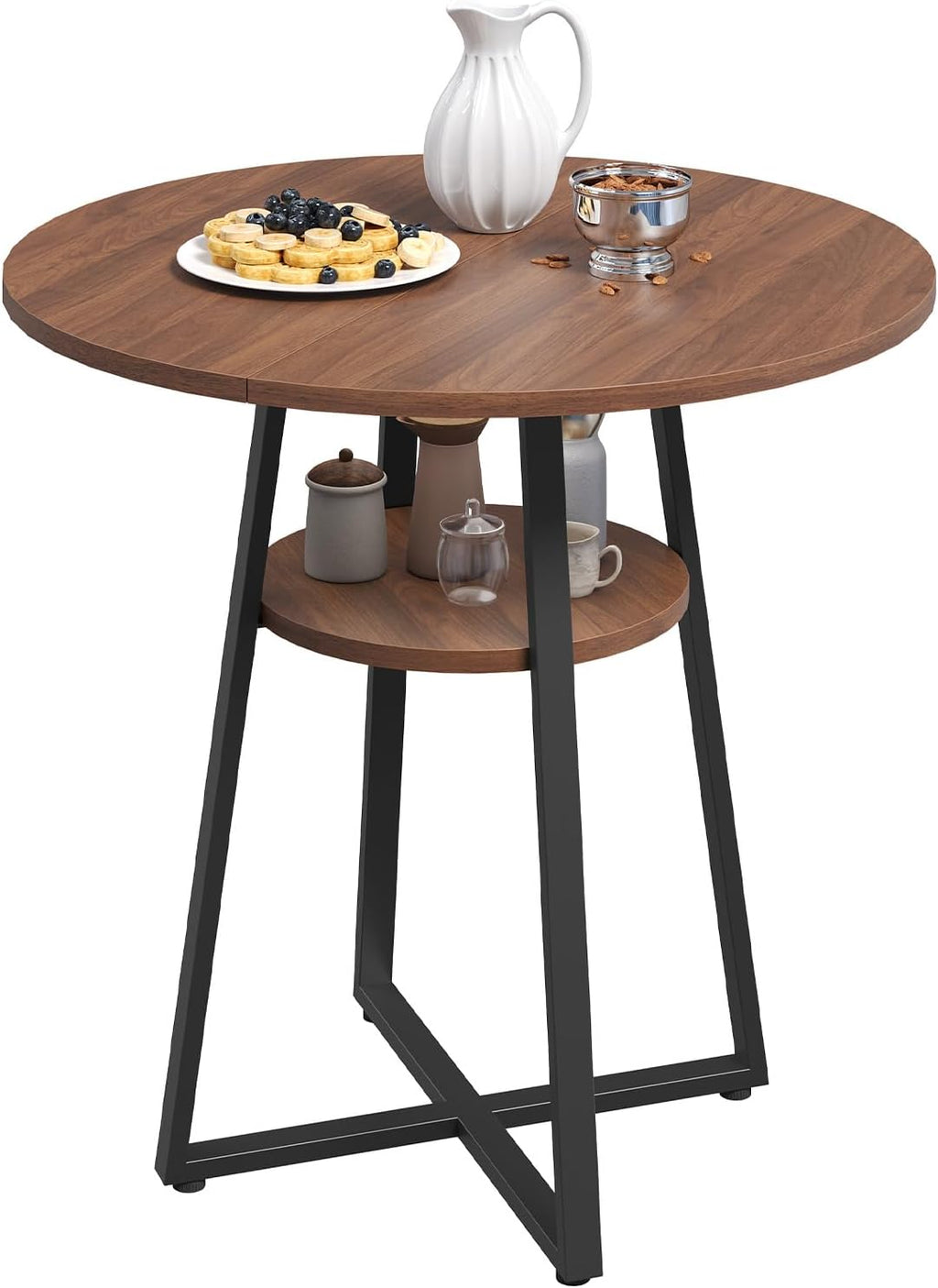 MAHANCRIS 31.5" Round Dining Table for 2-4, Farmhouse Kitchen Table with Storage Shelf, Small Circle Dining Table Space Saving, for Dining Room, Kitchen, Living Room, Walnut and Black DTHZ8201