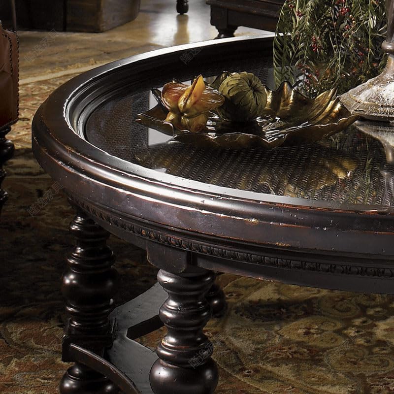 Coffee Table Solid Wood Round Coffee Table Black Retro Coffee Table Home Sofa Side Table Glass Double Layer Low Table Mesa para Centro De Sala