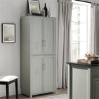 Pemberly Row Tall Wood Pantry Cabinet with Adjustable Shelves, MDF and Birch Veneer, Gray and Nickel Finish, Shaker-Style Doors, 67 in H x 28 in W x 15 in D, Kitchen, Bathroom, or Home Organization