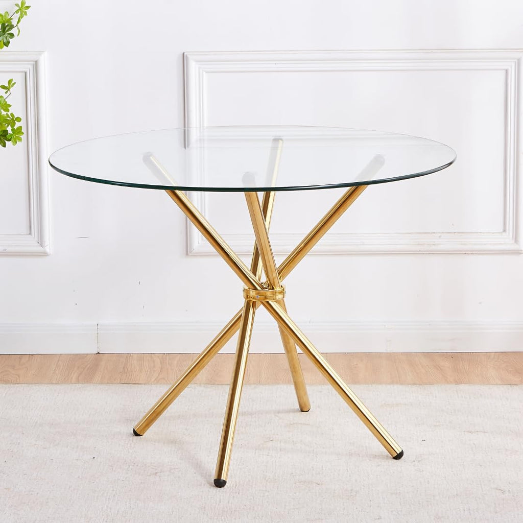 Round Glass Dining Table with Gold Criss Cross Legs, 39.5 Inch Modern Gold Kitchen Table Circular, Elegant Dining Room Table for 4 (Art Deco)
