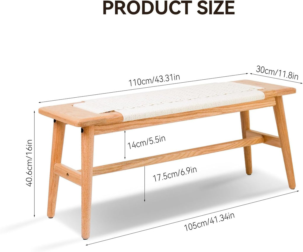 Solid Wood Entryway Bench, 43.31" Wooden Dining Bench, End of Bed Benches w/Hand-Woven Rope Seat for Bedroom, Kitchen Dining Room, Living Room, Entry Décor (White Rope)