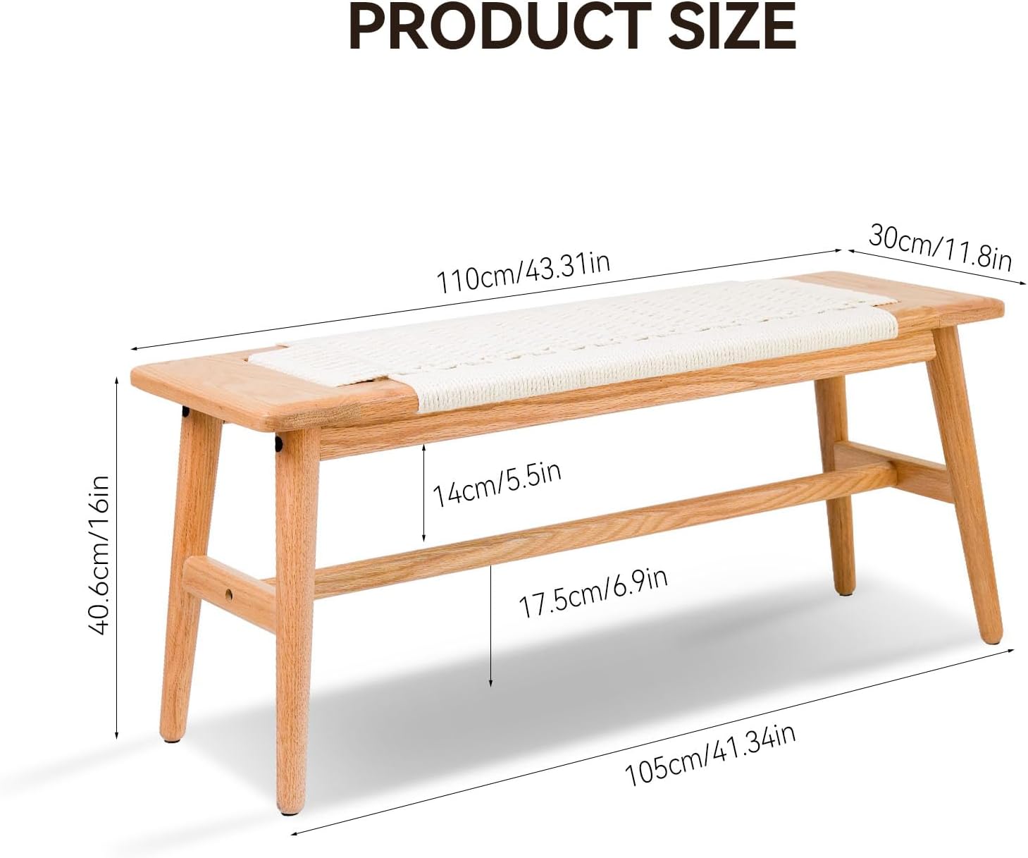 Solid Wood Entryway Bench, 43.31" Wooden Dining Bench, End of Bed Benches w/Hand-Woven Rope Seat for Bedroom, Kitchen Dining Room, Living Room, Entry Décor (White Rope)