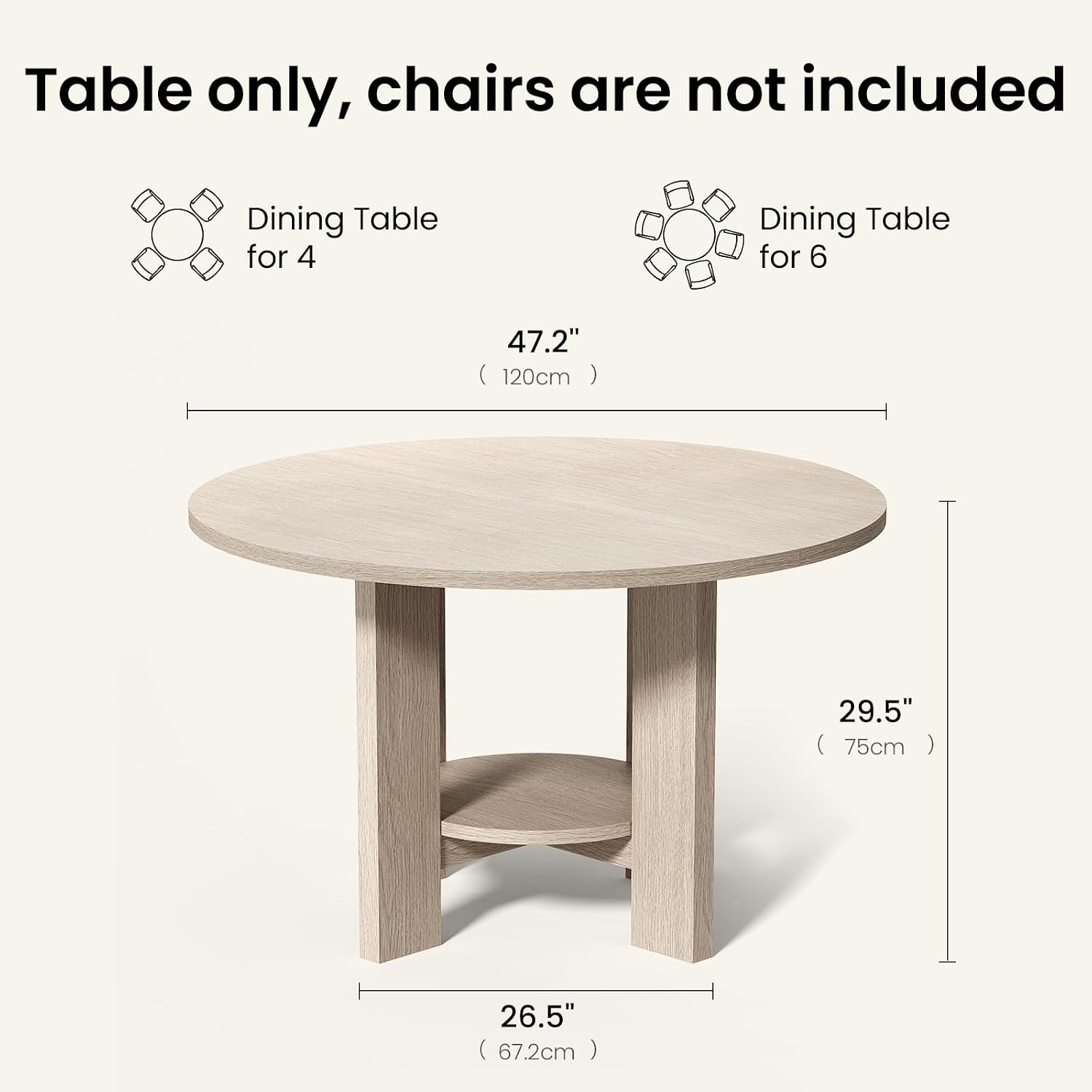ModernMate 47 Inches Round Dining Table for 4-6 People, Wood Circle Kitchen Table with Under-Table Storage Shelf, Modern Dinner Table for Dining Room, Kitchen, Living Room, White Oak Gray