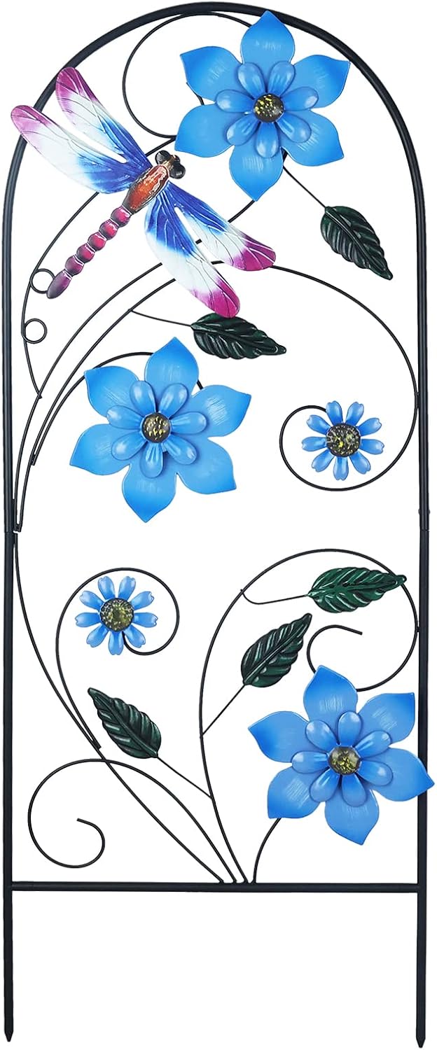 Garden Decor for Outside, YEAHOME 34 Inch Decorative Garden Stakes with Flowers Dragonflies, Metal Spring Yard Decorations for Outdoor Patio Lawn Backyard Blue