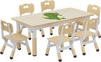 OUTLANE Kids Table and 6 Chairs Set, 47.2"X23.6" Activity Table with Anti-Slip Pads, Wooden Toddler Table and Chair Set with Storage Box, Art Craft Desk for Home Classroom Daycare, 12 Color Pens