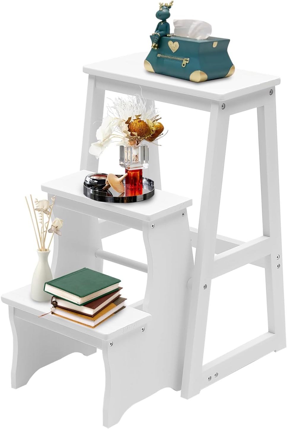 3 Tier Folding Step Stool,Wood Ladder,Folding Library Ladder Chair,Portable Multifunctional Step Stool for Home, Office,Library (White)