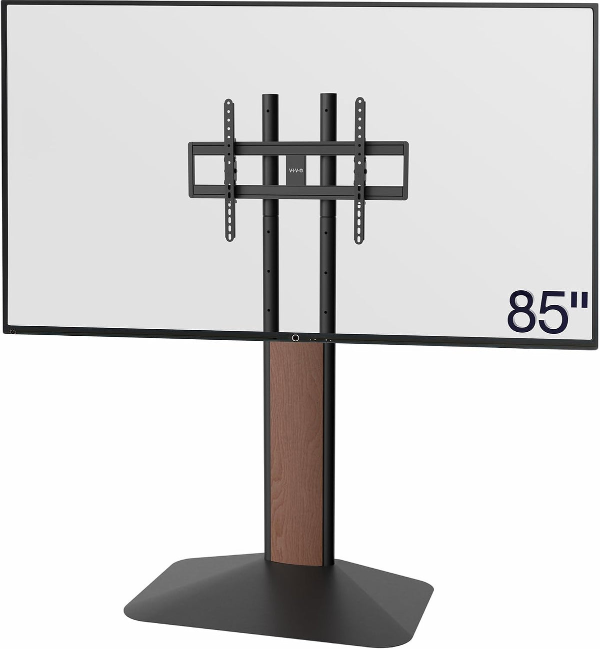 VIVO Dual-Column TV Floor Stand for 32” to 85” Screens with Heavy Duty Base, Tilting Mount with 5 Set Height Adjustments, Black and Dark Walnut, STAND-TV85JS