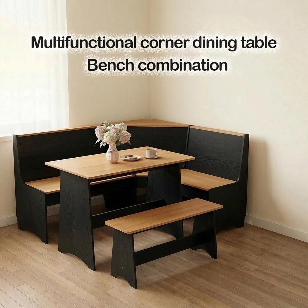Farmhouse Breakfast Nook Table Set, Dining Nook Set with Corner Bench,with Storage Function Mid Century Modern Small Dining Table Set, Kitchen Table Corner Set (Yellow + Black)