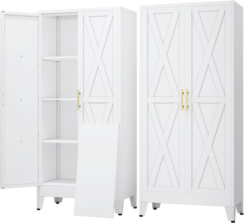 61" Kitchen Pantry Cabinet, Metal Storage Cabinet with 2 Doors and 3 Adjustable Shelves, White Food Pantry Cupboard for Kitchen, Dining Room, Living Room and Bathroom (White)