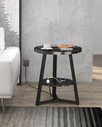 KJGKK Round End Table with Charging Station, 19.7" Dia x 23.63" H, Side Table with Storage Shelf, for Living Room, Bedroom, Faux Marble Top, Black