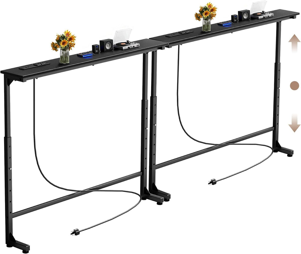 Keelian 70 inch Behind Couch Table with Outlets Adjustable Sofa Table Black | Adjustable Height(25"-37"),Skinny Couch Shelf with Charging Station,Long Entryway Tables for Living Room