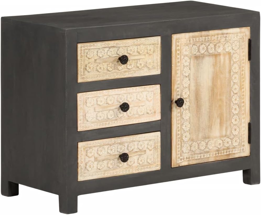 Solid Mango Wood Sideboard, 29.5 Inch Wall Mounted Buffet Cabinet with 3 Soft Close Drawers, Modern Grey and White Carved Accent Credenza for Living Room and Dining Area