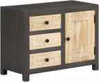 Solid Mango Wood Sideboard, 29.5 Inch Wall Mounted Buffet Cabinet with 3 Soft Close Drawers, Modern Grey and White Carved Accent Credenza for Living Room and Dining Area